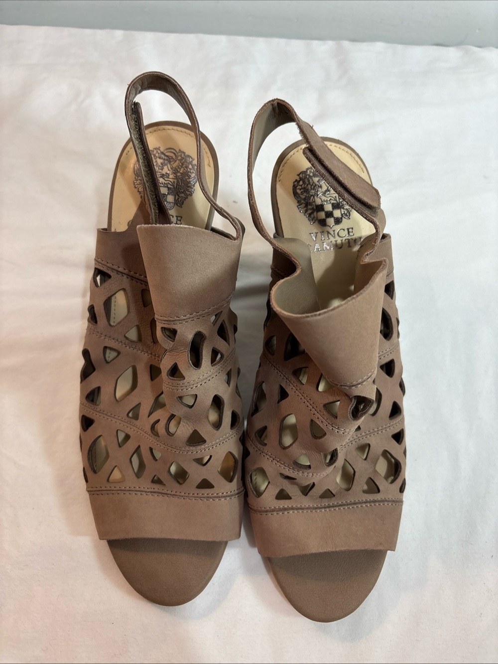 Vince Camuto Taupe Cutout Slingback Sandals. 8/30